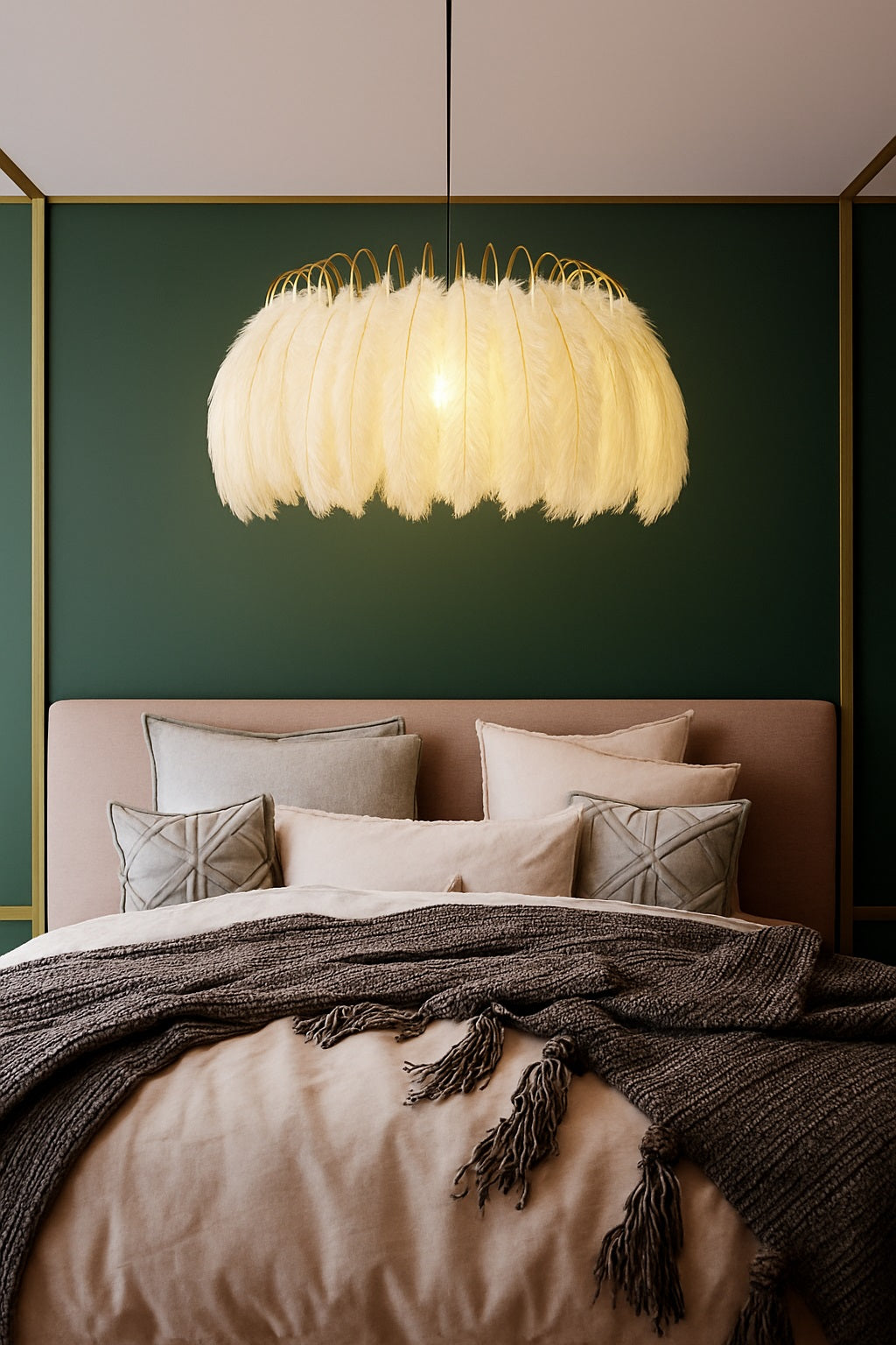Suspension abat-jour plume Auralis allumée dans une chambre, ambiance chaleureuse et décor chic et naturel