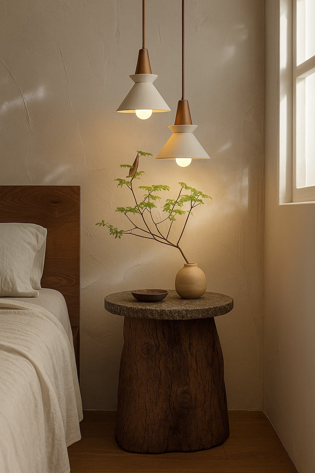 Duo de suspensions en ciment conique et bois foncé, lumière douce au-dessus d’une table de chevet dans une chambre naturelle.