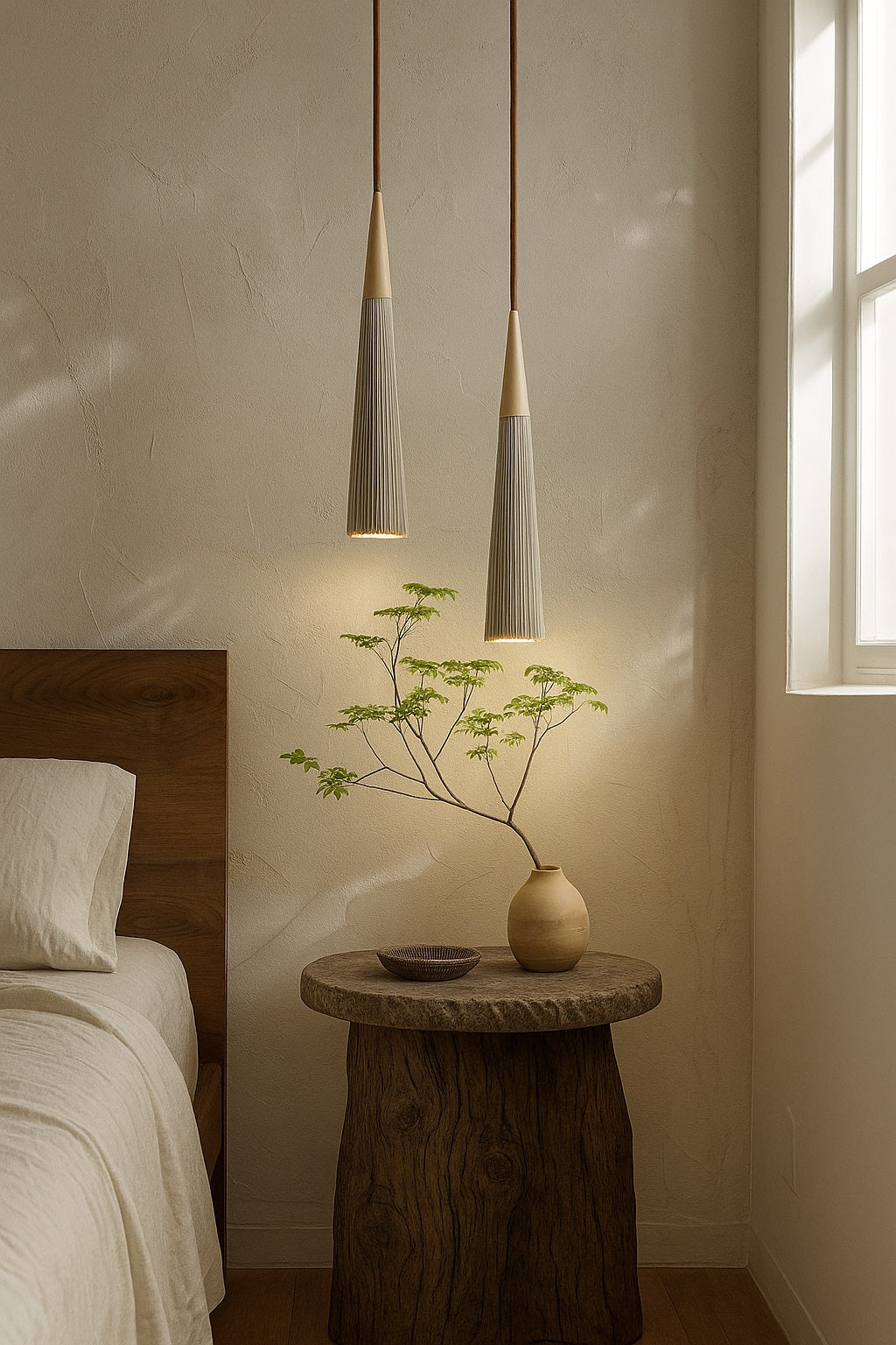 Lampe suspension en ciment et bois suspendue au-dessus d’une table de chevet, éclairage doux et vertical