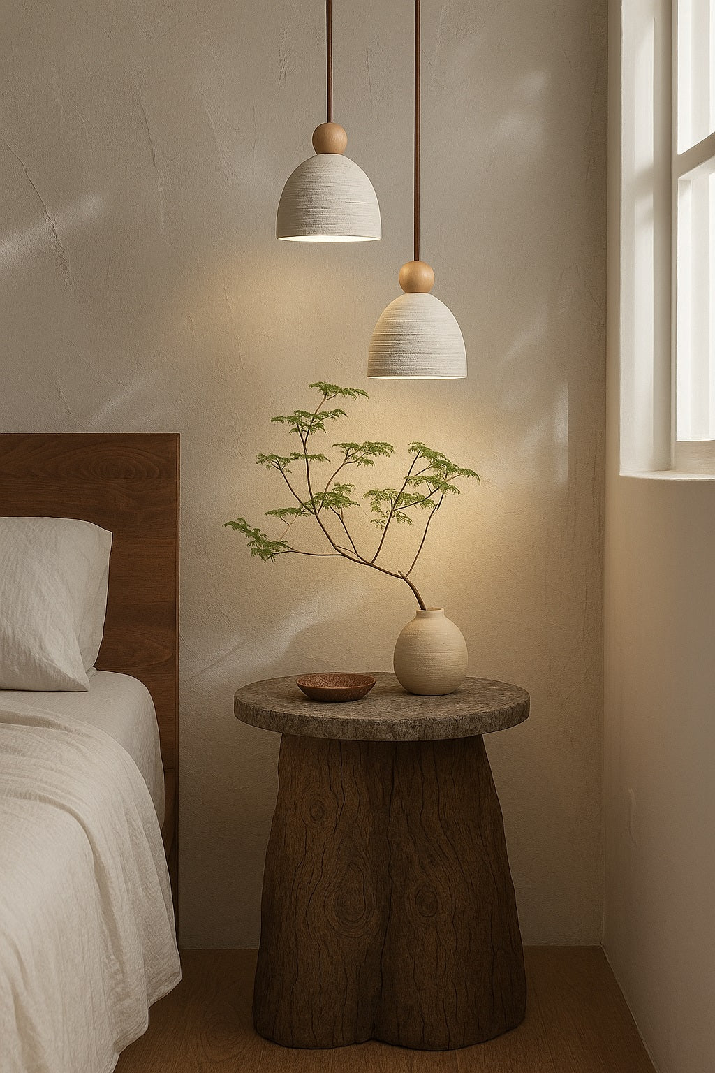 Suspensions en ciment strié et bois clair au-dessus d’une table rustique, lumière douce et style naturel dans une chambre.