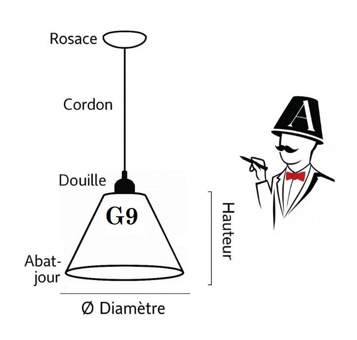 Schéma explicatif d’une suspension : rosace, cordon, douille G9, abat-jour avec hauteur et diamètre indiqués.