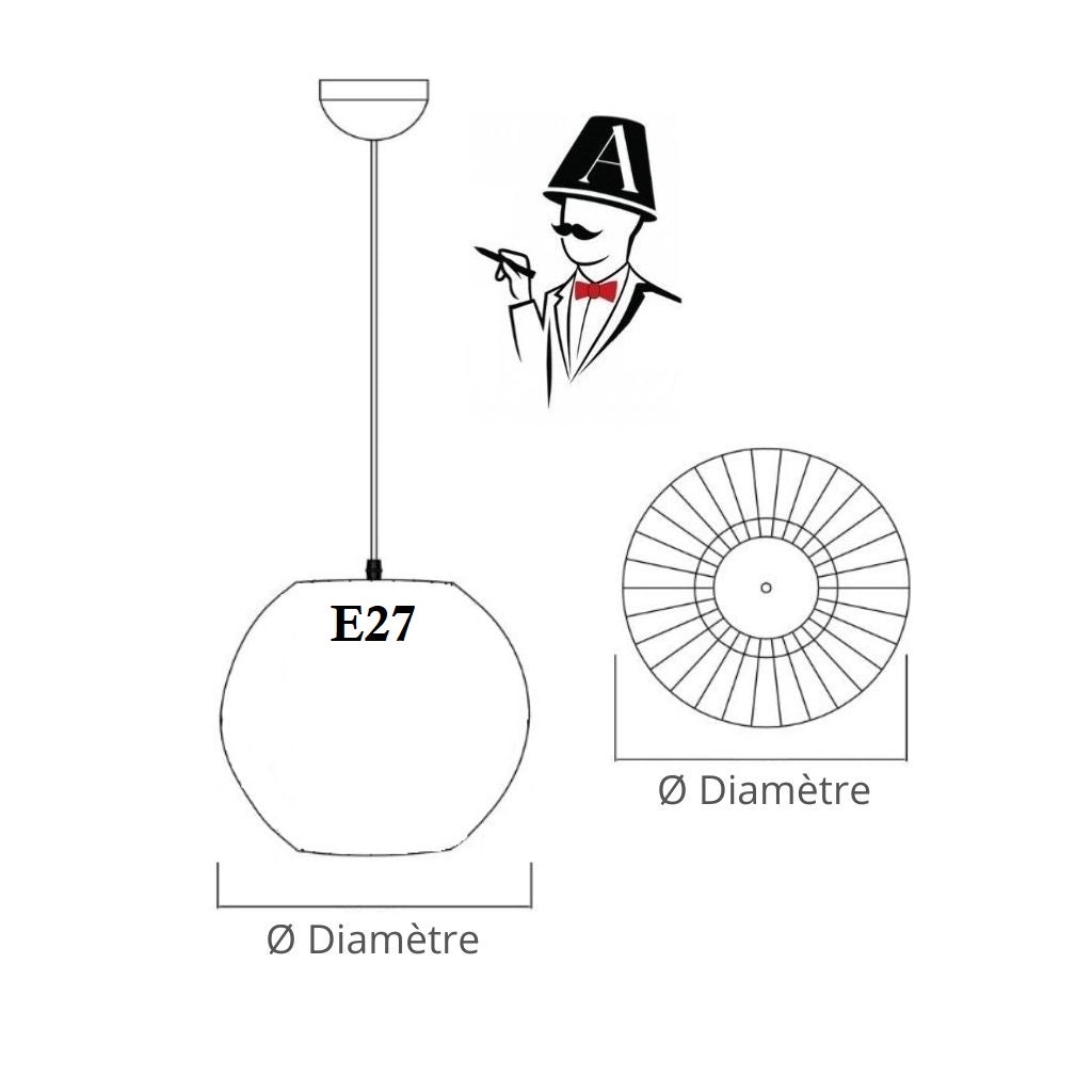 Schéma technique d’un abat-jour suspension avec douille E27, vue de face et de dessous avec indication du diamètre.