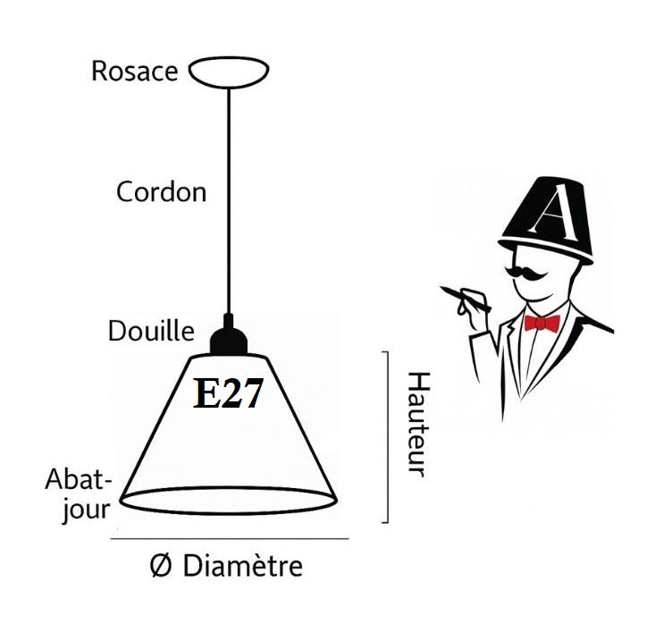 Schéma explicatif d'une suspension E27 avec abat-jour, douille, cordon et rosace, indiquant hauteur et diamètre à mesurer.