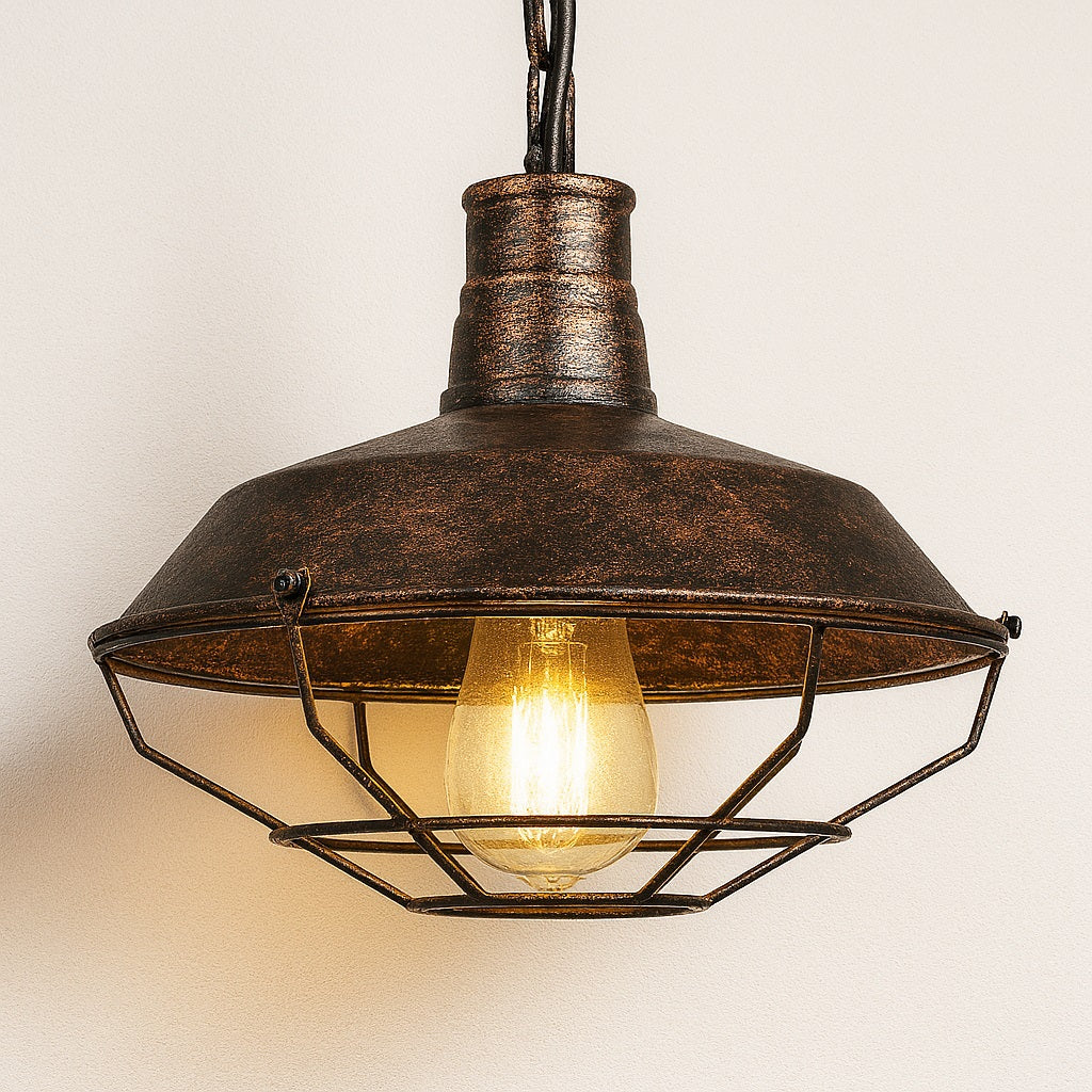 Suspension abat-jour en métal effet rouille avec grille de protection vintage, douille E27 et lumière chaude tamisée