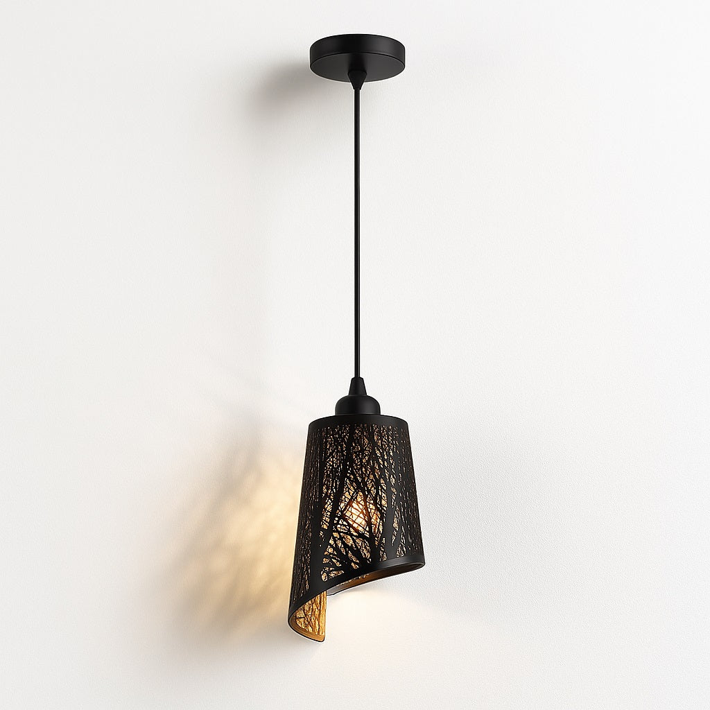 Suspension abat-jour noire en métal avec motif nature, effet lumineux mural, idéale pour salon, chambre ou couloir.