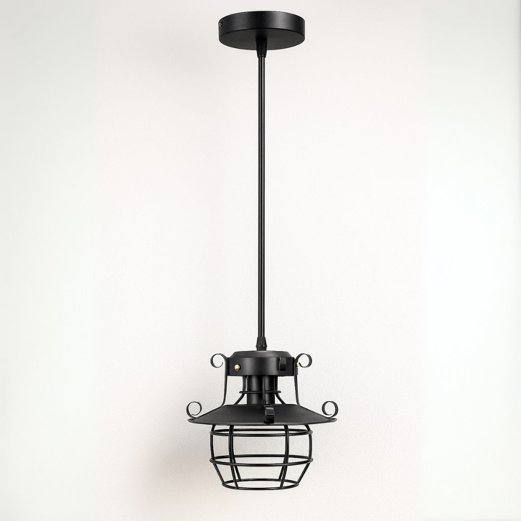 Suspension abat-jour en métal noir avec volutes et cage ampoule, style lanterne vintage, fixation plafond, lumière tamisée