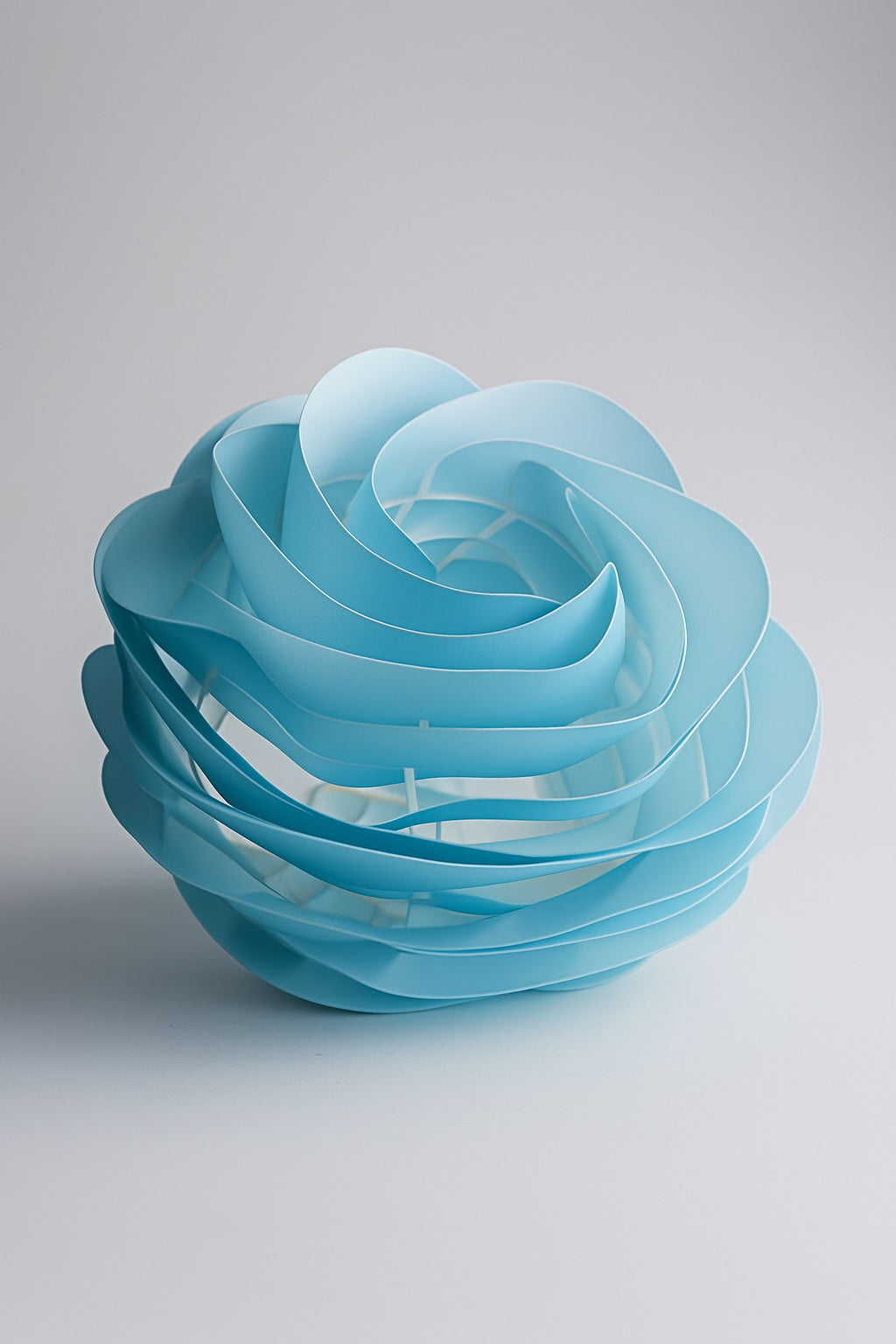 Abat-jour design bleu clair en forme de fleur stylisée, structure plastique ajourée, posé au sol – Monsieur Abat-Jour.