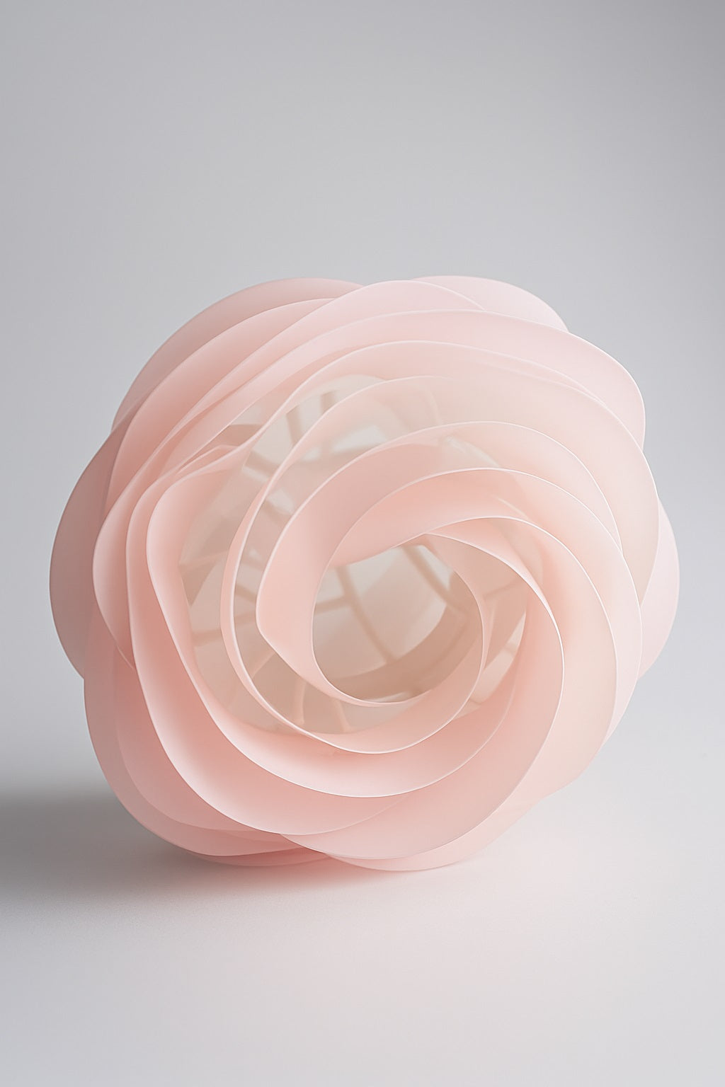 Abat-jour design en forme de fleur rose pâle, plastique ajouré et structure intérieure, posé au sol – Monsieur Abat-Jour.