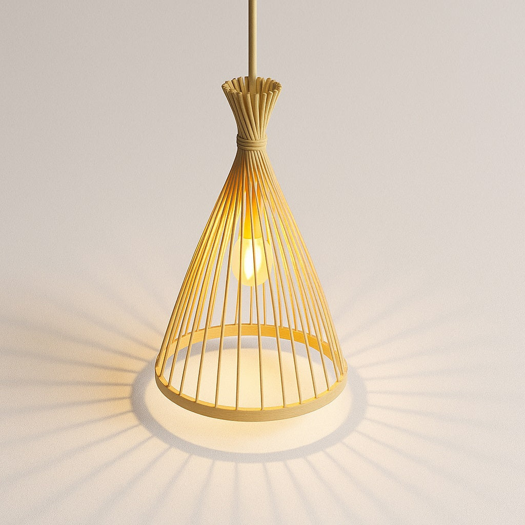 Suspension conique en rotin naturel au tressage minimaliste, idéale pour une lumière douce et un intérieur chaleureux.