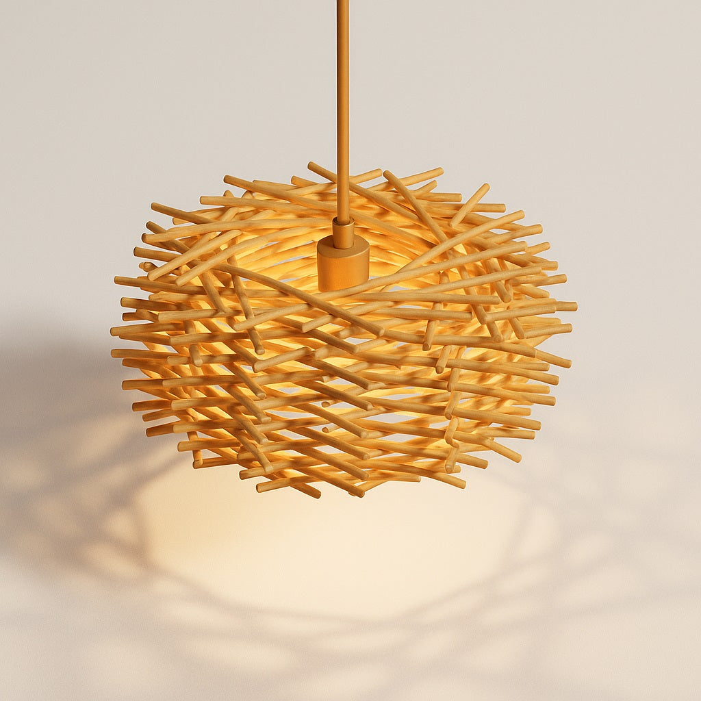 Abat-jour en rotin naturel vu du dessus à 45°, avec tressage dynamique et ombres organiques projetées au sol.