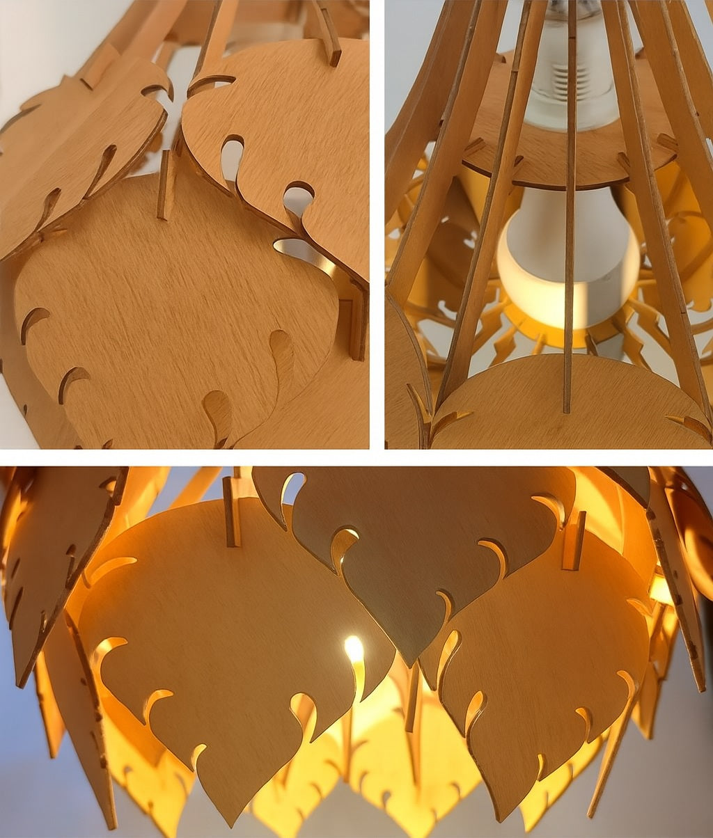 Détails de l’abat-jour en bois sculpté avec lames feuillues emboîtées autour de l’ampoule pour un rendu artisanal et naturel