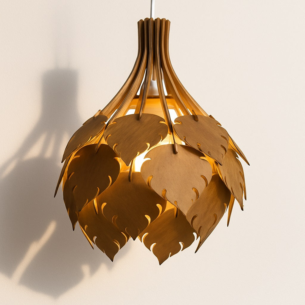 Suspension en bois naturel composée de lames en forme de feuilles diffusant une lumière chaude et sculpturale sur mur clair