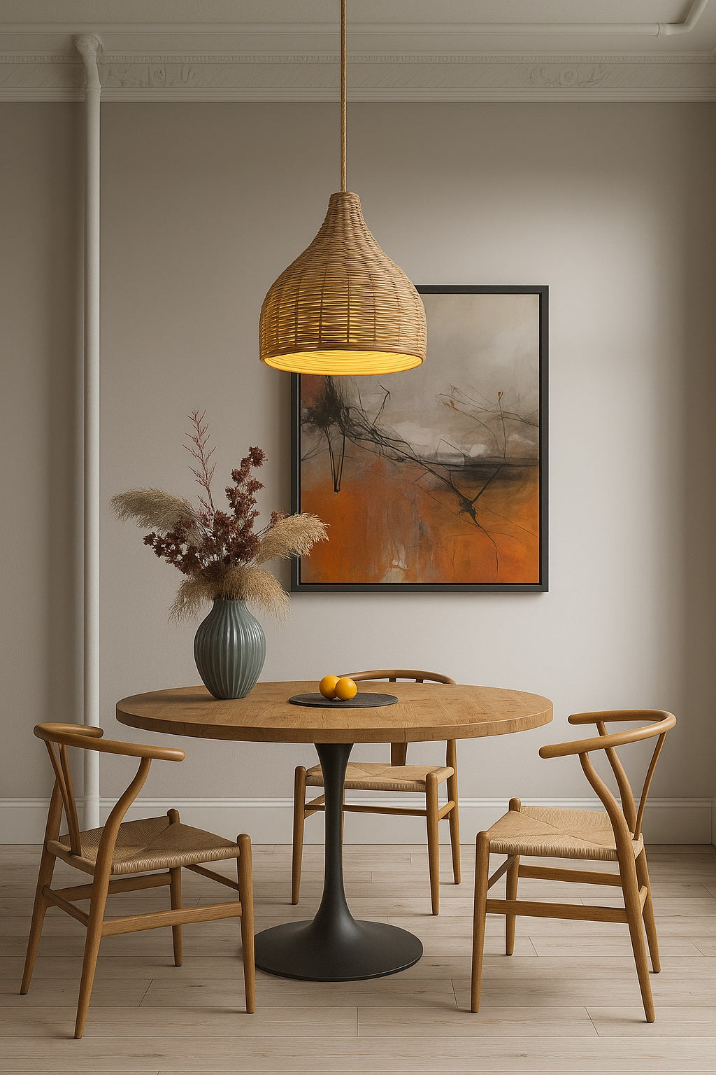 Lampe suspension en rotin installée au-dessus d’une table ronde en bois dans une salle à manger chaleureuse et moderne