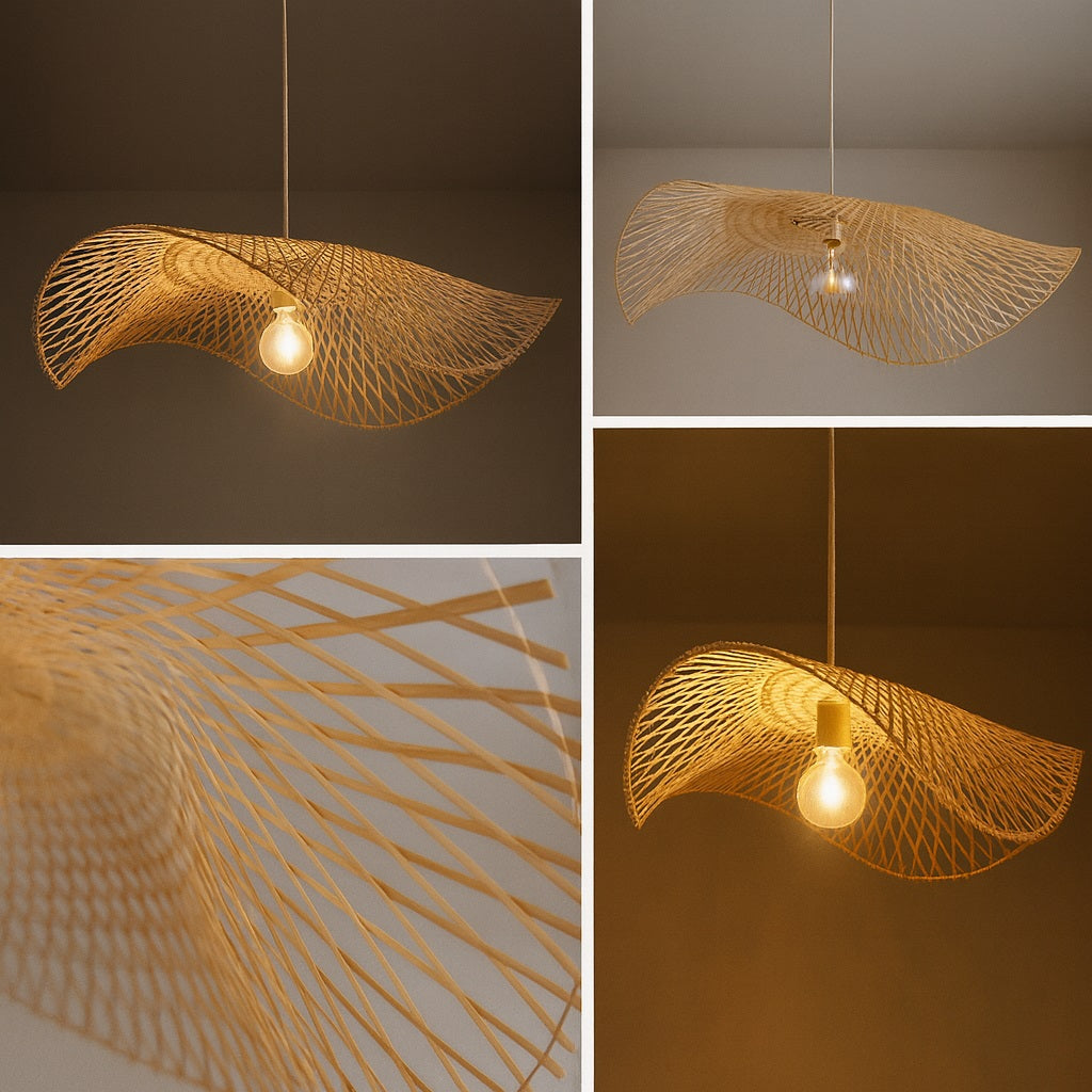 Abat-jour design en suspension rotin ondulé, luminaire naturel tressé à la main pour éclairage chaleureux.