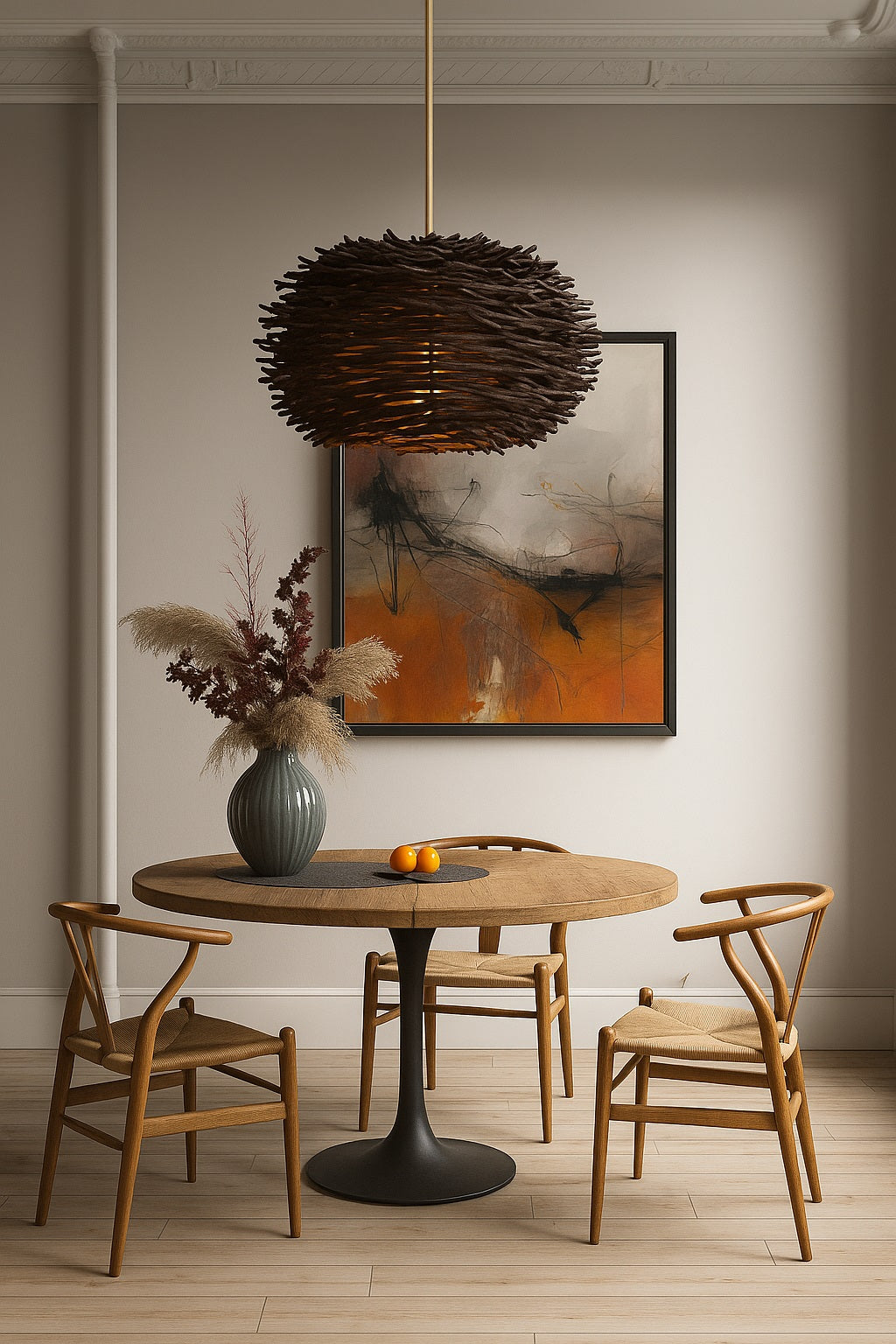 Suspension rotin foncé Sako au-dessus d’une table ronde, lumière douce et ombres chaleureuses projetées au plafond.