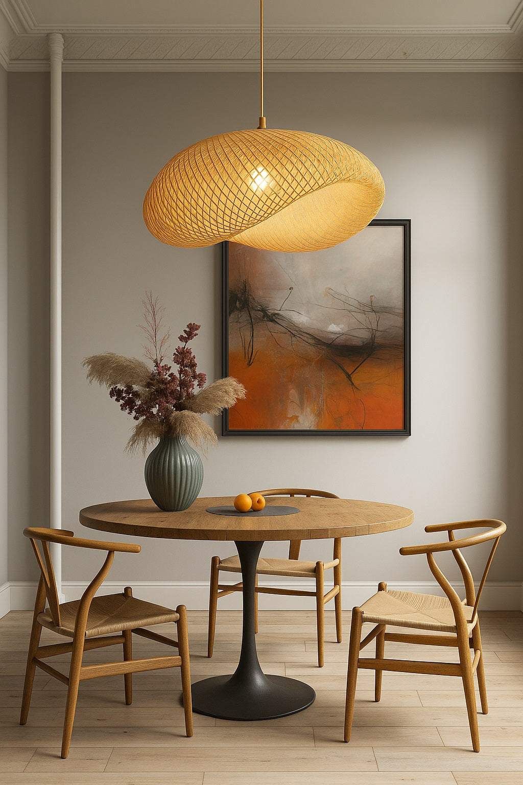 Lampe suspension en rotin ondulé suspendue au-dessus d’une table ronde bois, ambiance design douce et contemporaine.