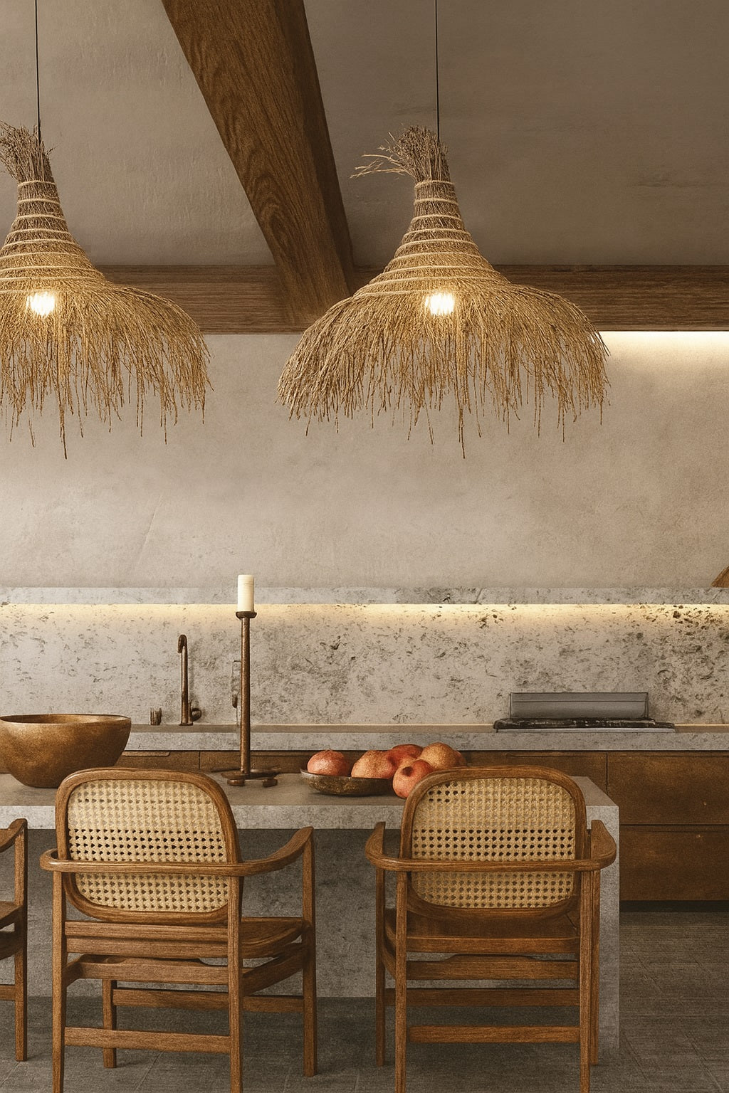 Suspensions rotin Zaraya au-dessus d’un îlot en cuisine, lampe artisanale naturelle pour un intérieur chaleureux.