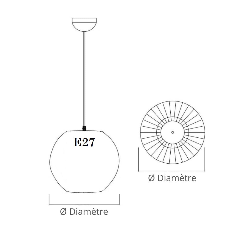 Schéma abat-jour suspension E27 avec vue frontale et inférieure, indication du diamètre pour installation de lampe suspendue.