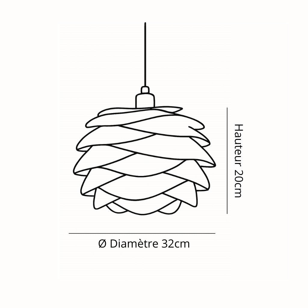 Schéma de suspension design en forme de pétales, dimensions 32 cm de diamètre et 20 cm de hauteur – fixation par câble.