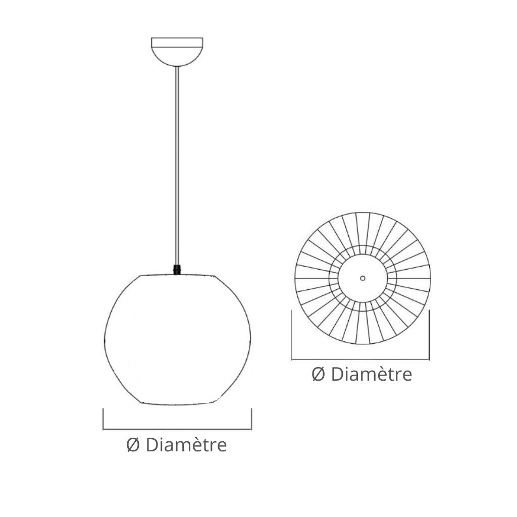 Schéma technique d’un abat-jour suspension rond avec indication du diamètre, vue de face et vue du dessous