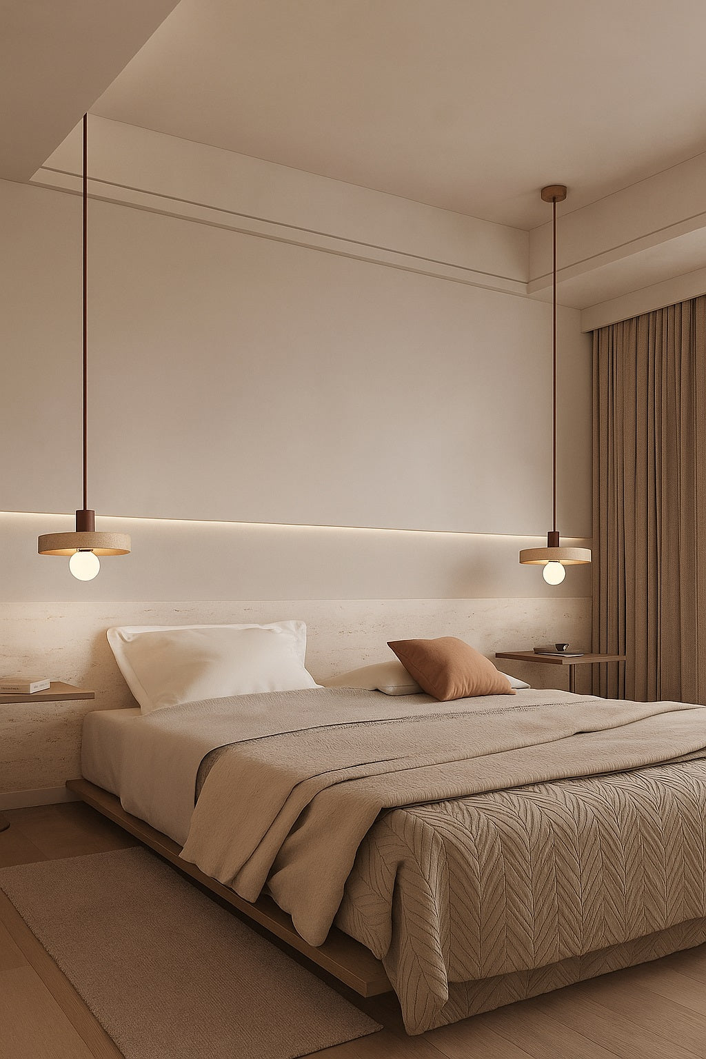 Suspension Orbito en travertin et bois, mise en scène dans une chambre au style naturel et apaisant.