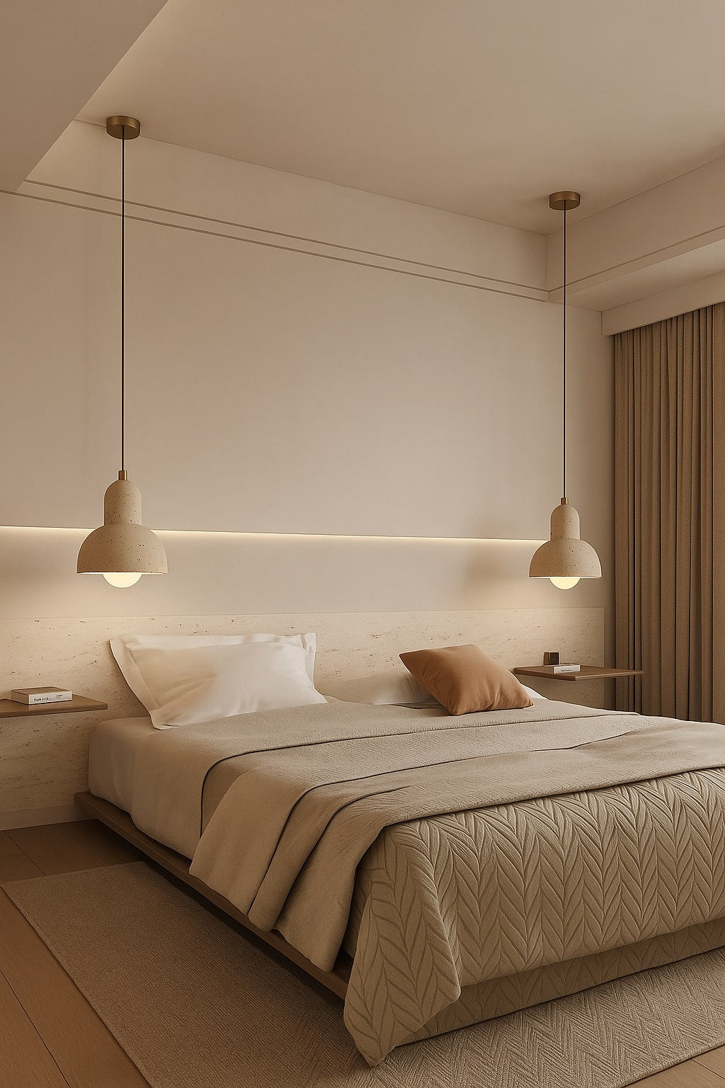 Suspension en travertin Tivoli, installée en duo dans une chambre épurée, lumière douce et design naturel élégant