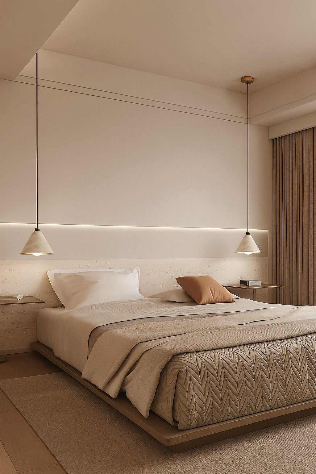 Suspension en travertin conique Vulcano éclairant une chambre au style épuré et naturel