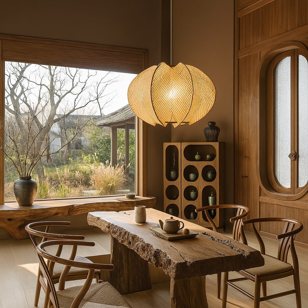 Suspension en coton et bois dans une salle à manger zen, éclairage naturel et design organique.