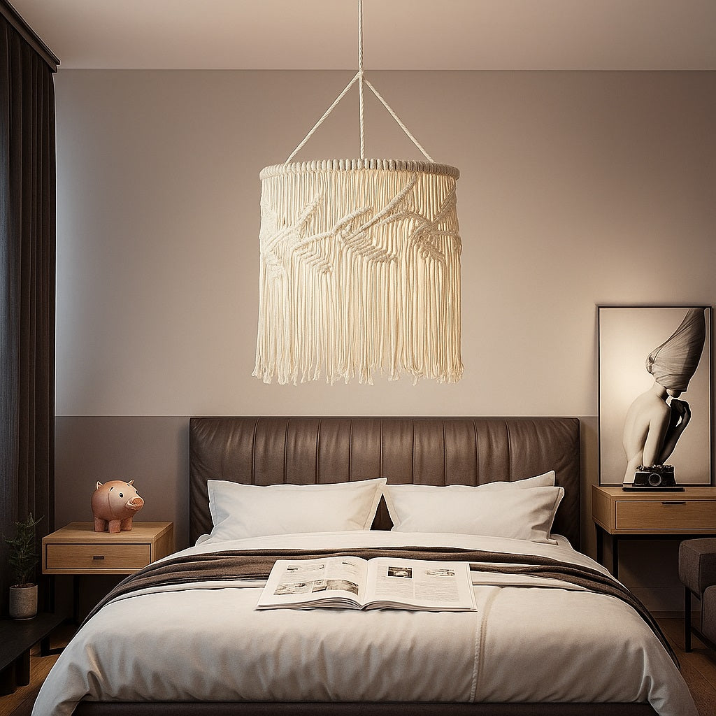 Suspension en coton blanc au tressage macramé suspendue au-dessus d’un lit, lumière douce et ambiance chaleureuse.