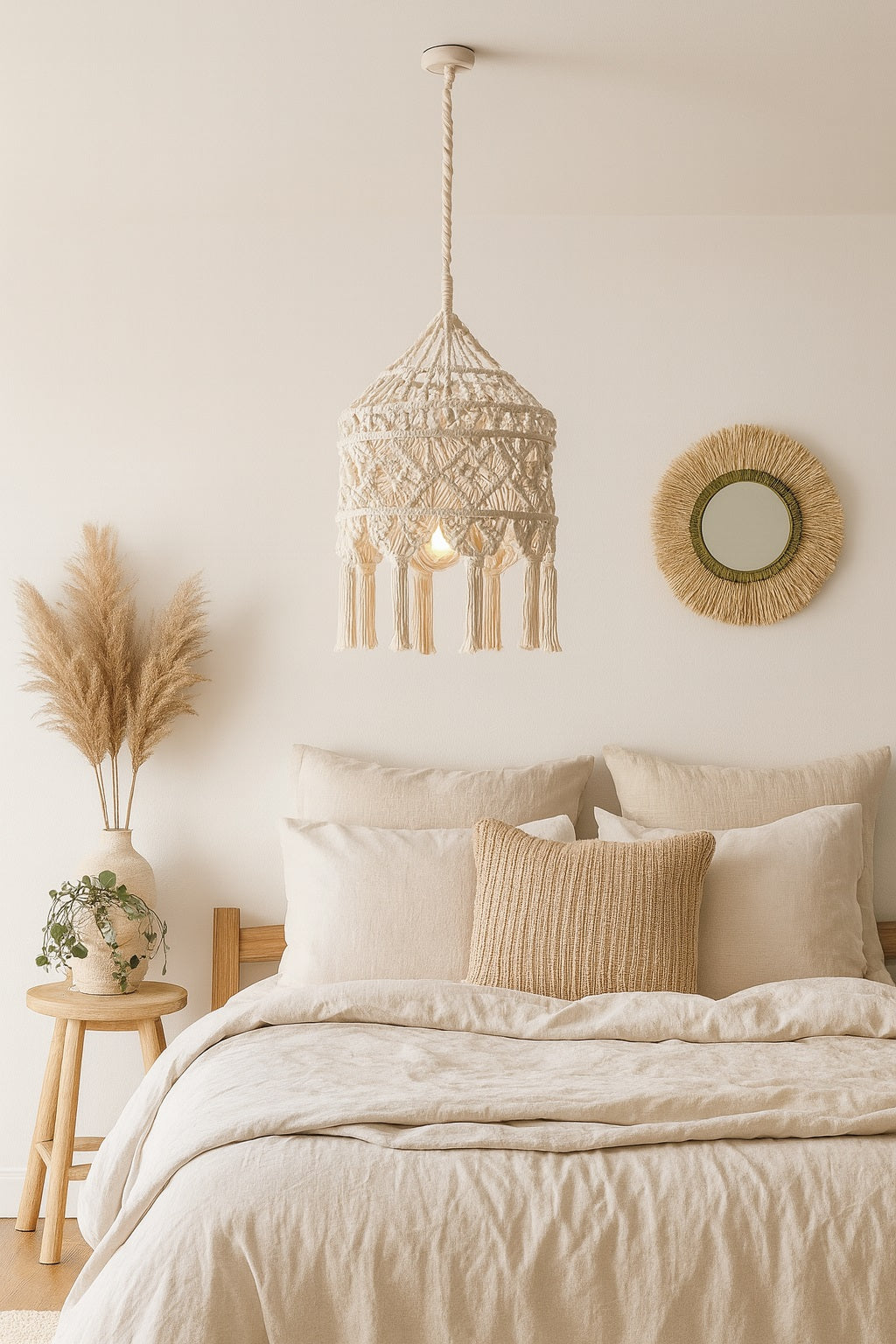 Suspension en coton blanc Maya suspendue au-dessus d’un lit, lumière douce et ombres tressées sur les murs.