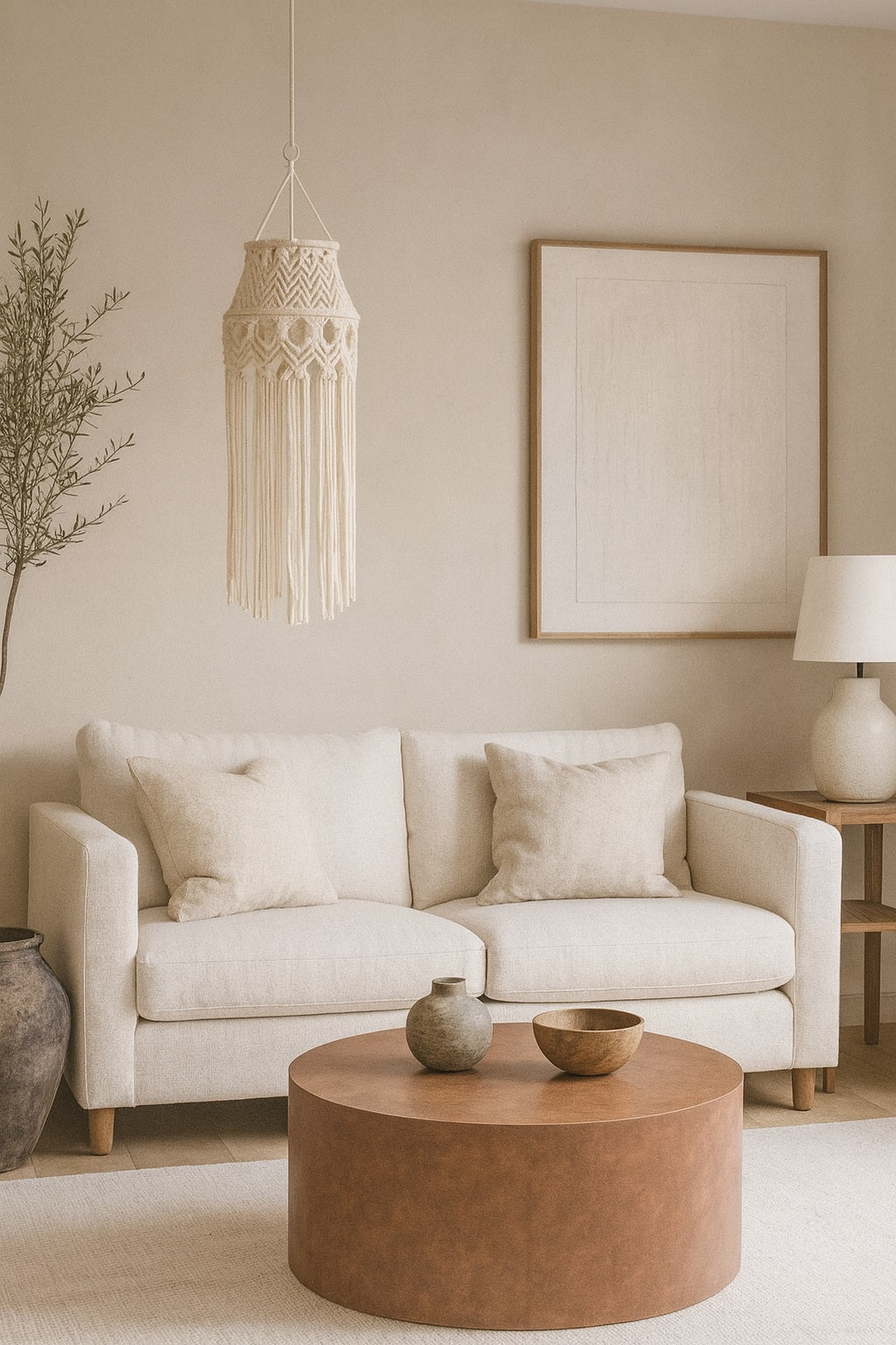 Suspension en coton blanc Milo allumée dans une chambre contemporaine et cosy