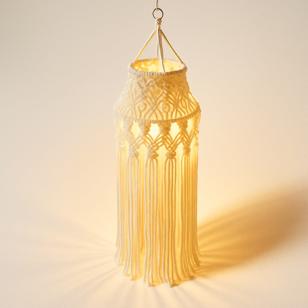 Lampe suspendue en coton blanc noué à la main, style macramé bohème – modèle Milo vu en détail, lumière chaude diffusée.