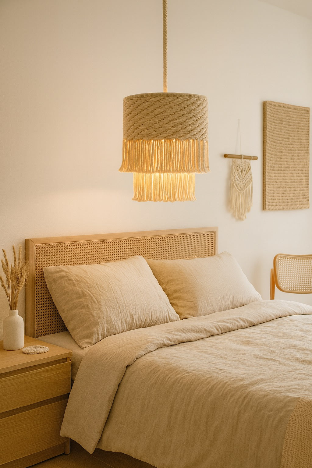 Suspension en coton blanc tressé avec franges, idéale pour une chambre douce et cosy