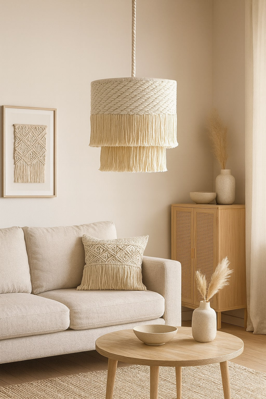 Suspension en coton blanc tressé avec franges, idéale pour une chambre douce et contemporaine.