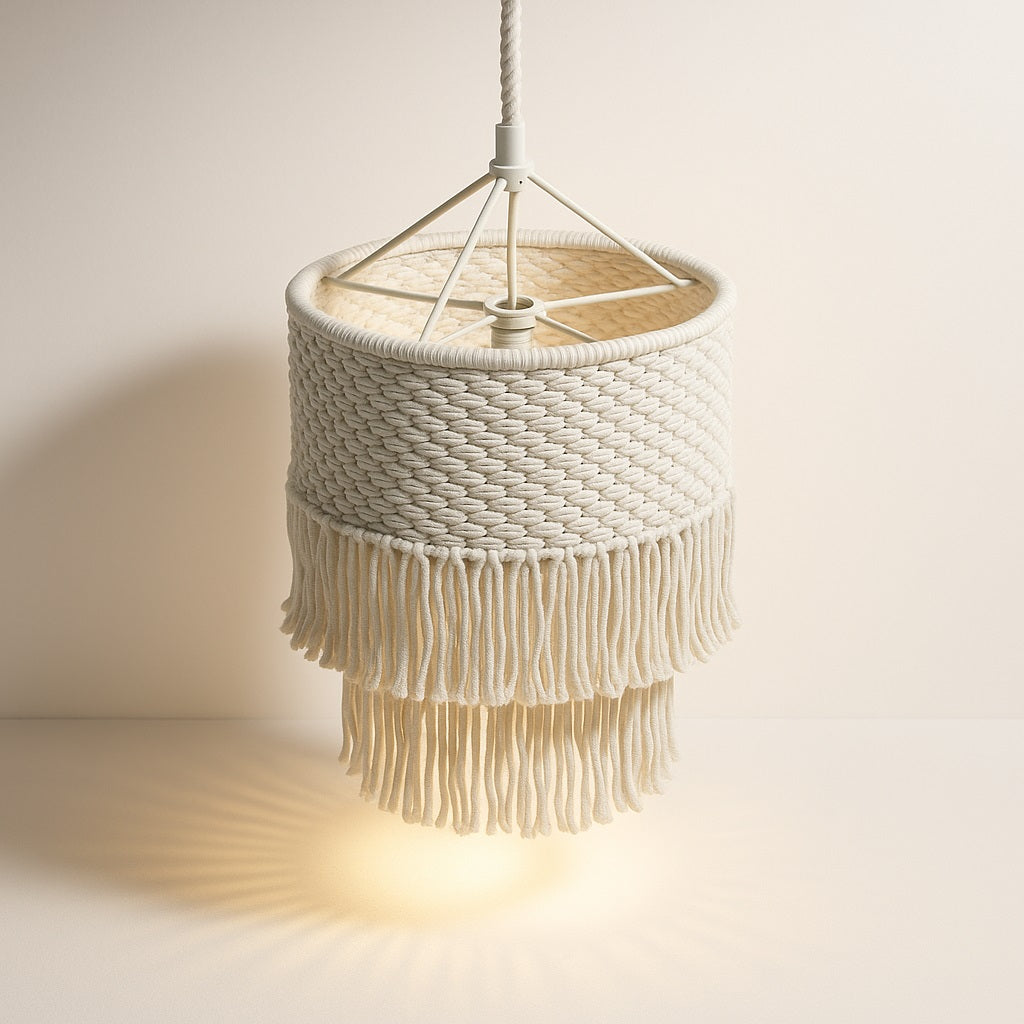 Abat-jour suspension cylindrique en coton blanc avec tressage épais et double rangée de franges.