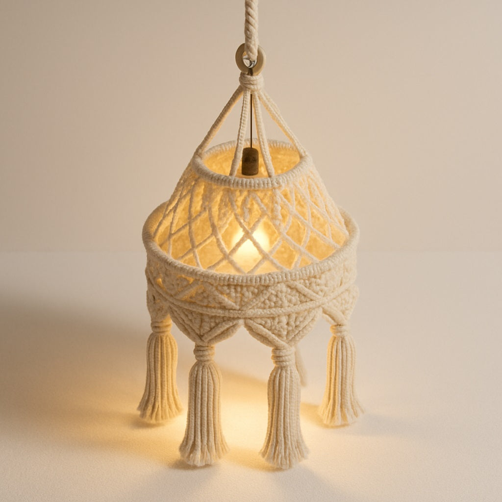 Abat-jour suspension blanc Yala en corde de coton, détail du tressage avec franges et lumière tamisée au sol.