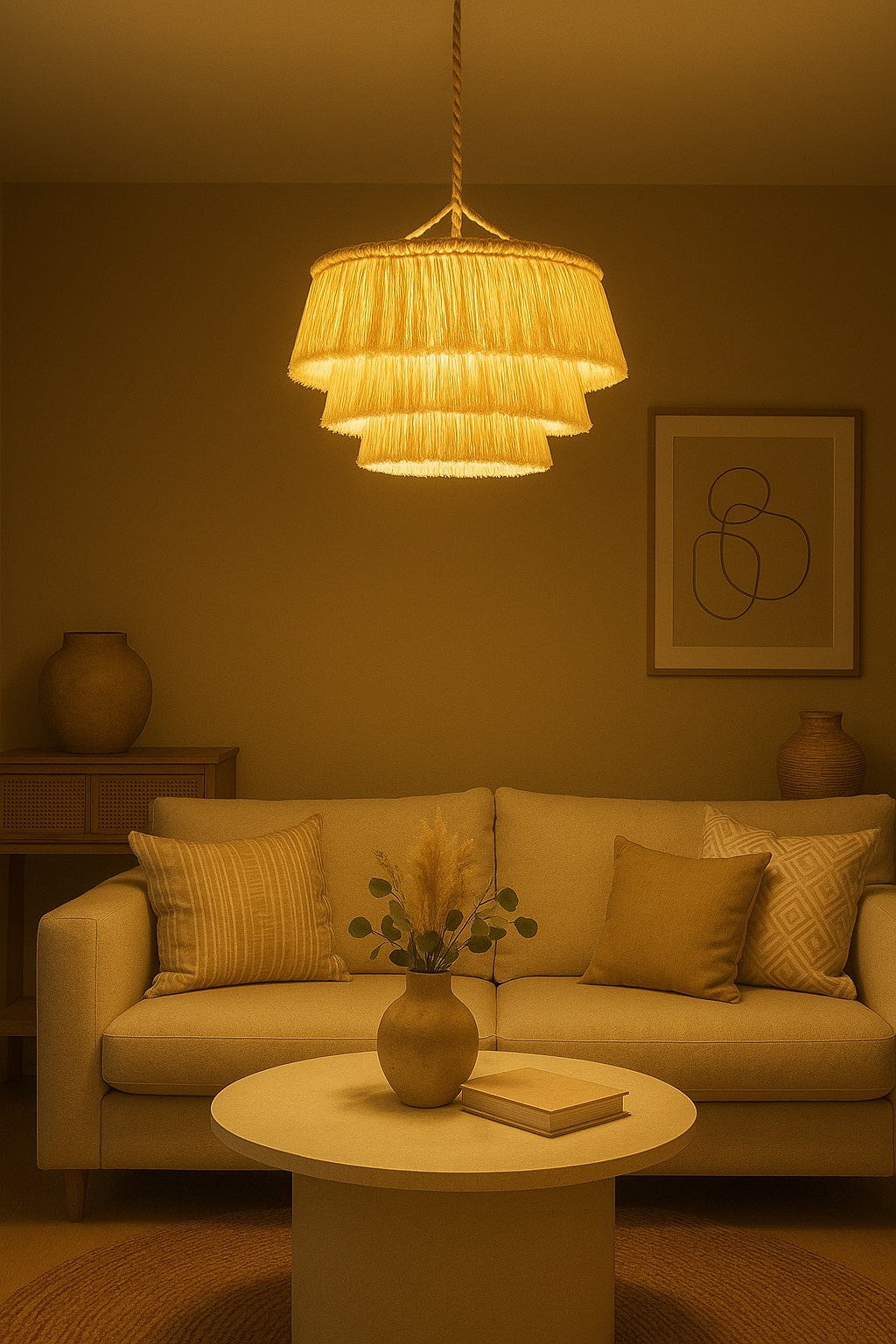 Suspension en coton blanc yuma dans une chambre, design élégant à franges pour une lumière douce le soir.