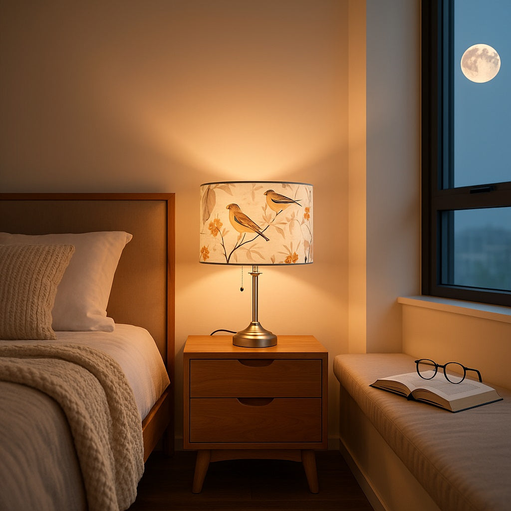 Lampe de chevet avec abat-jour Aubeline blanc à oiseaux dorés diffusant une lumière douce et apaisante.
