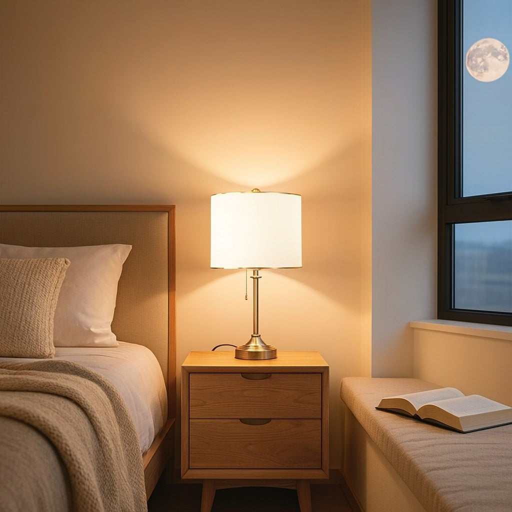 Lampe de chevet avec abat-jour Aurélia blanc diffusant une lumière douce et apaisante dans une chambre.