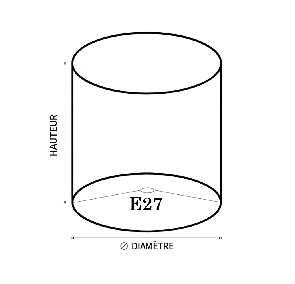 Schéma technique d’un abat-jour cylindrique avec douille E27, indiquant la hauteur et le diamètre à mesurer.