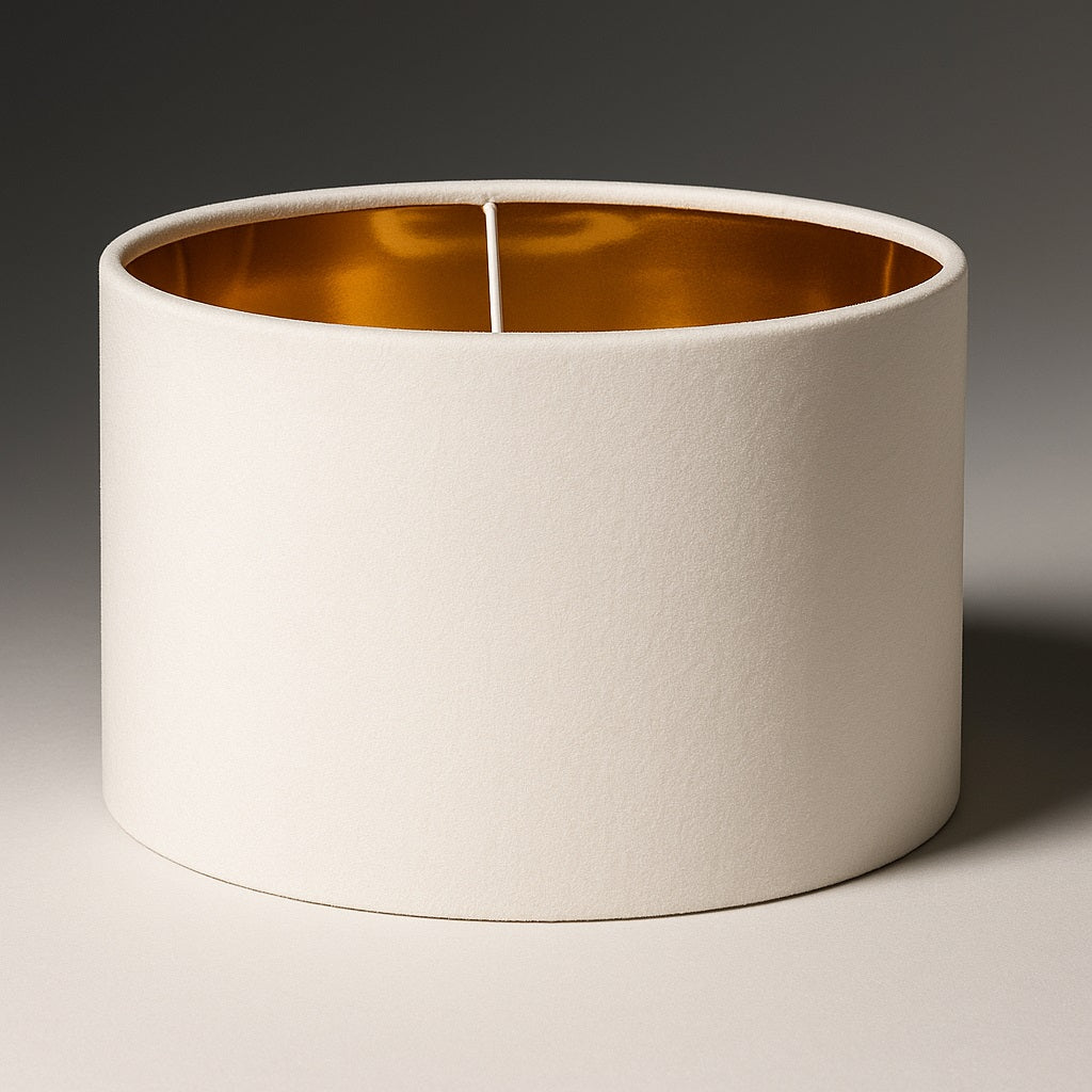 Abat-jour tambour en velours blanc intérieur doré, chic et élégant, idéal pour lampe de chevet, lampadaire ou suspension