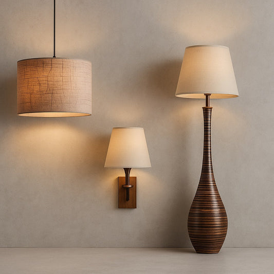 Abat-jour design en suspension aux côtés de deux lampes de chevet modernes, idéale pour sublimer votre intérieur avec une lampe décorative et élégante.