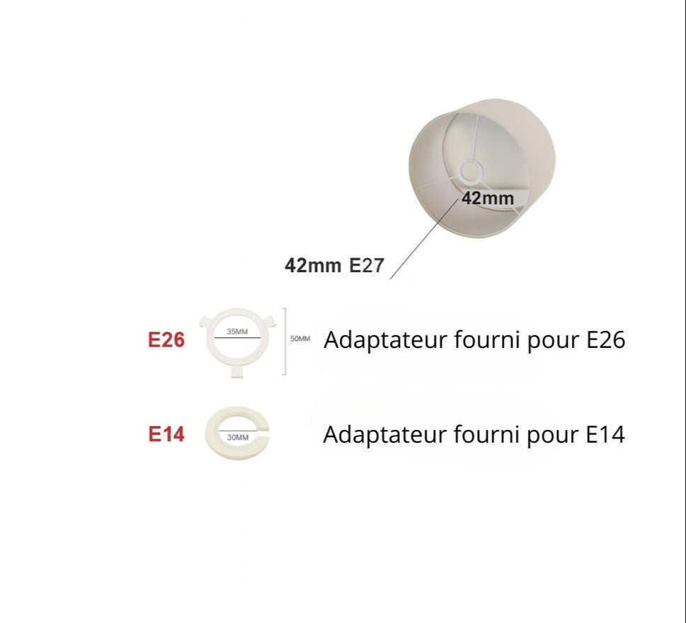 Abat-jour tambour en lin naturel avec adaptateurs E27 vers E26 et E14, compatible culot 42 mm