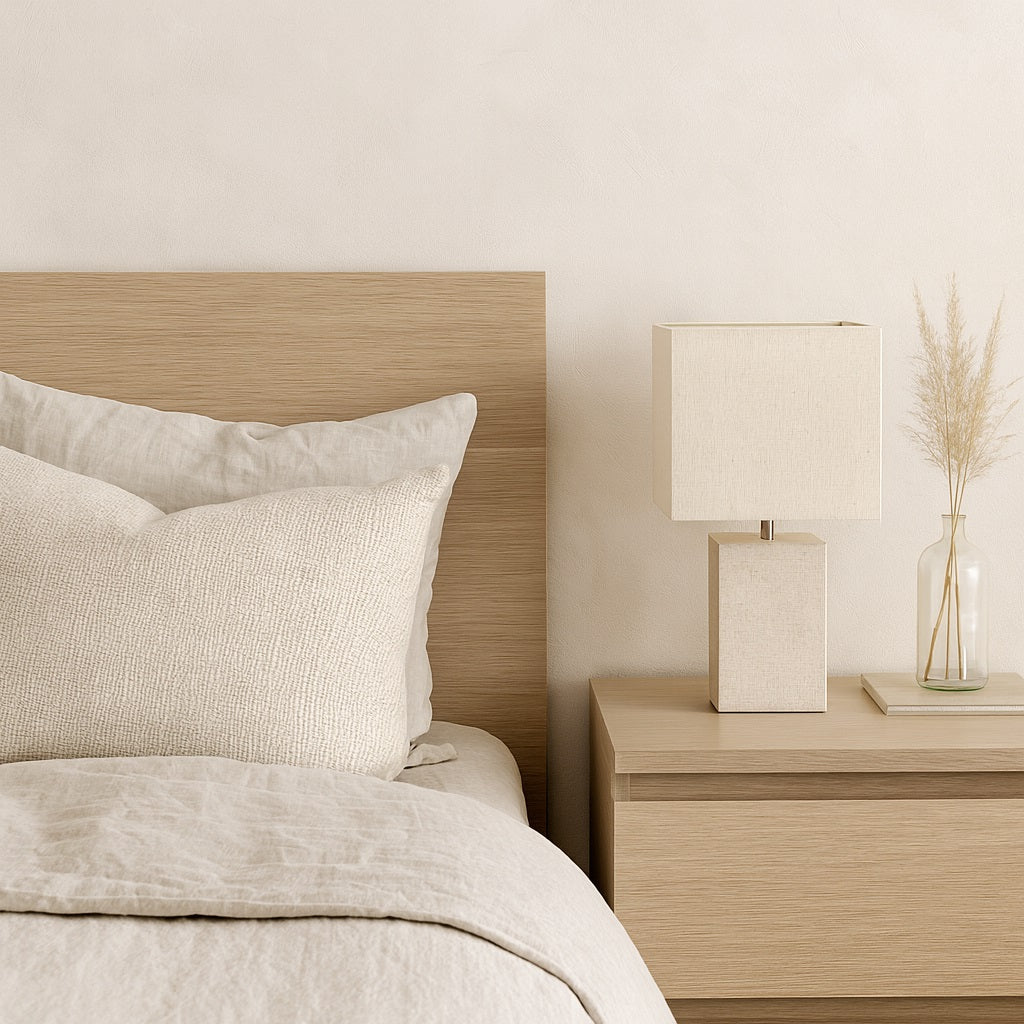 Abat-jour carré amande sur lampe de chevet, lumière douce et naturelle, parfait comme abat-jour lampadaire.