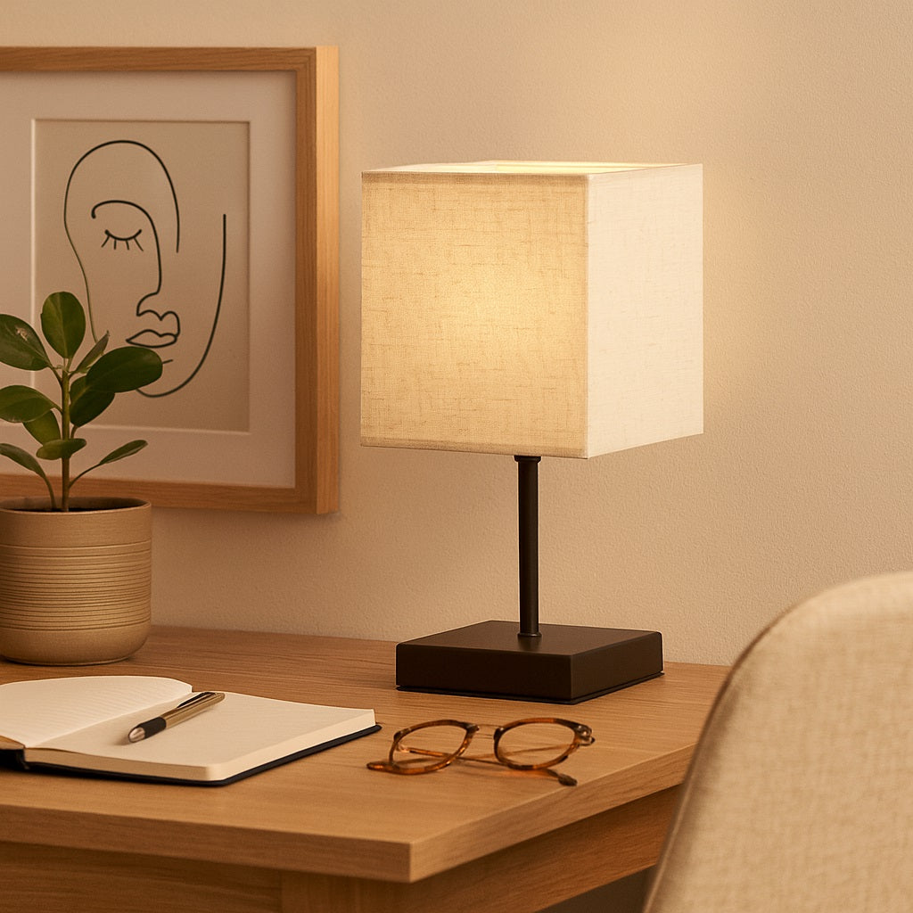 Abat-jour carré amande allumé, ambiance chaleureuse et élégante, abat-jour lampadaire ou lampe de salon.