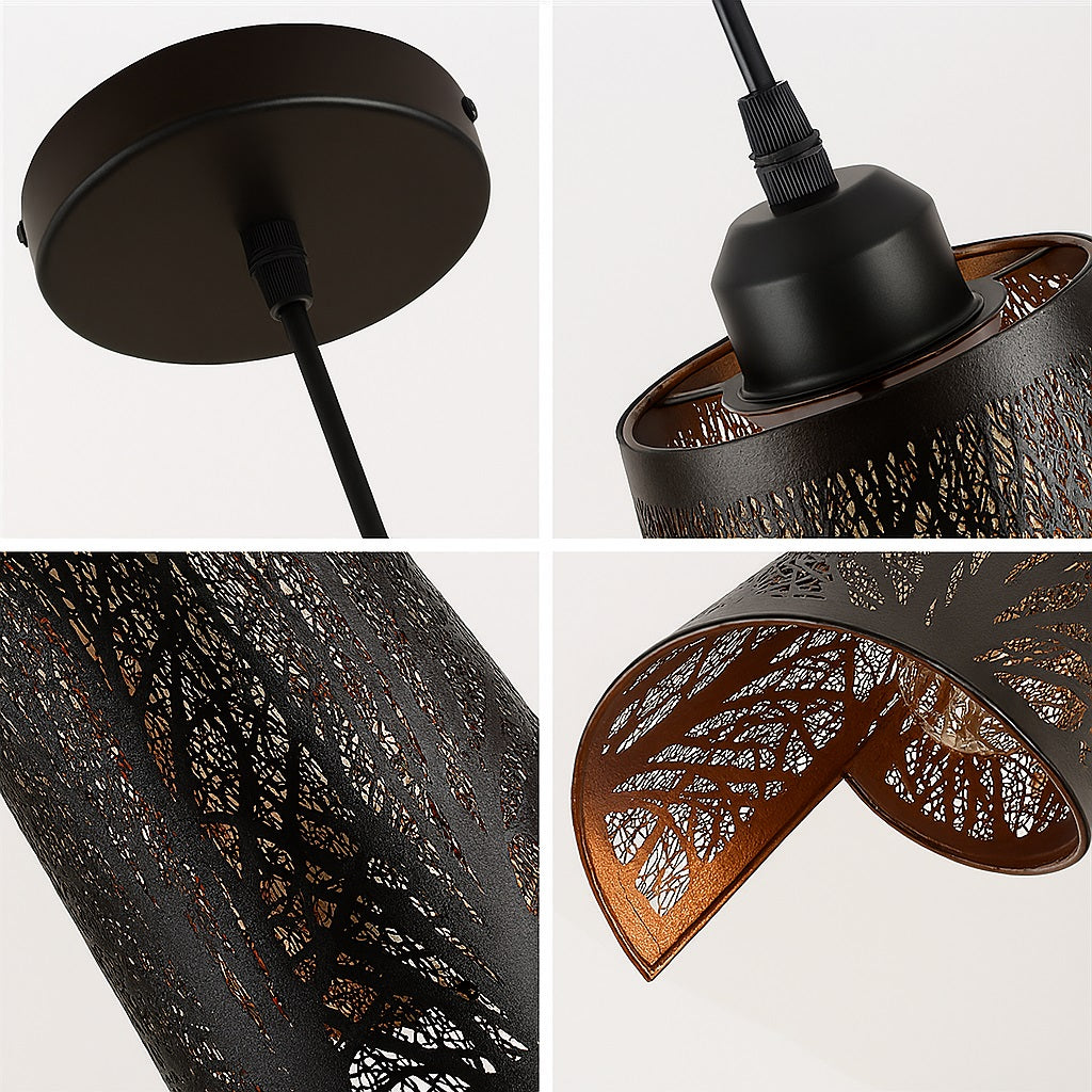 Détails haute qualité de l’abat-jour suspension en métal noir ajouré, finitions soignées et intérieur cuivré.