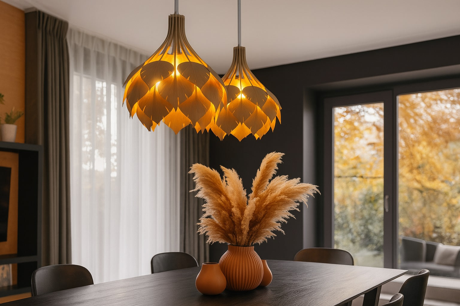 Suspension design effet paille tressée allumée dans une salle à manger moderne – ambiance chaleureuse par Monsieur Abat-Jour.