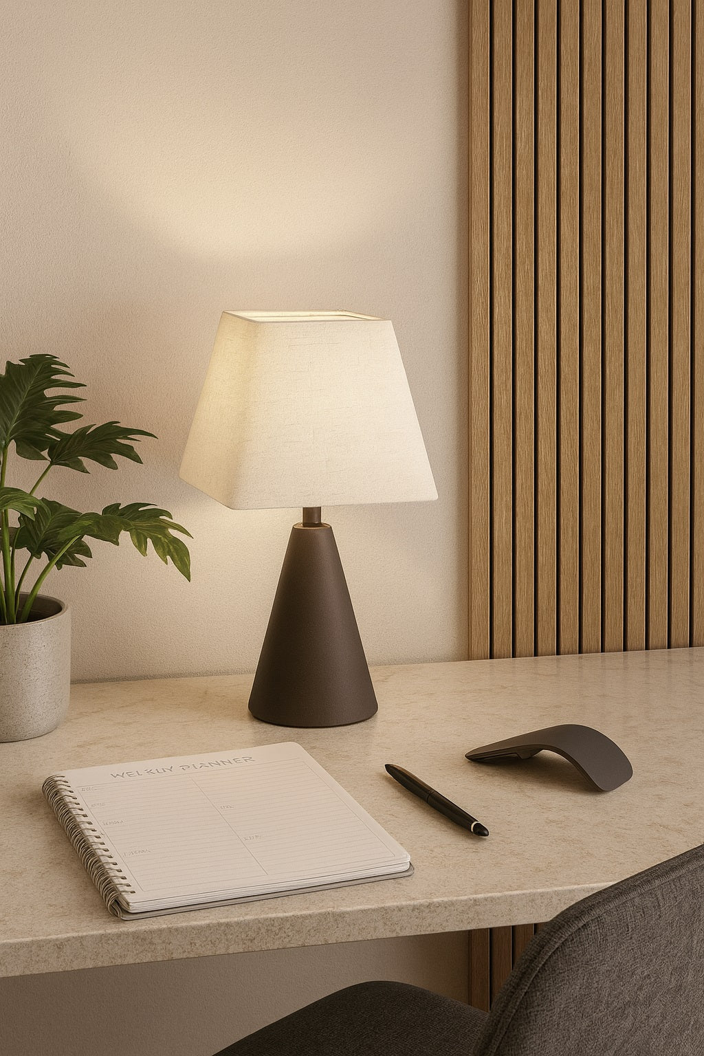 Lampe allumée avec abat-jour pyramide en lin blanc, ambiance chaleureuse sur bureau design en bois clair.