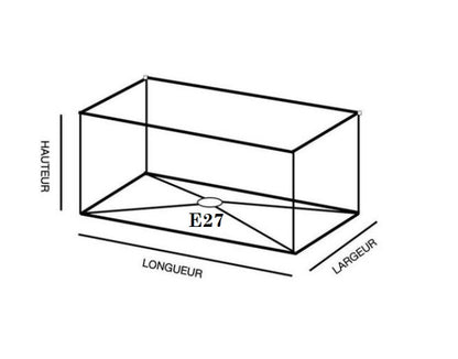 Schéma technique abat-jour rectangulaire long avec douille E27, dimensions hauteur longueur largeur pour lampe.