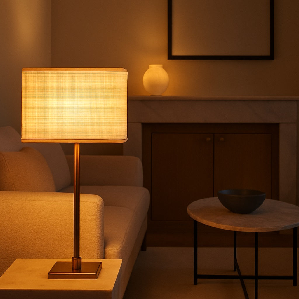 Zoom texture lin beige d’un abat-jour rectangle, finition haut de gamme et naturelle.